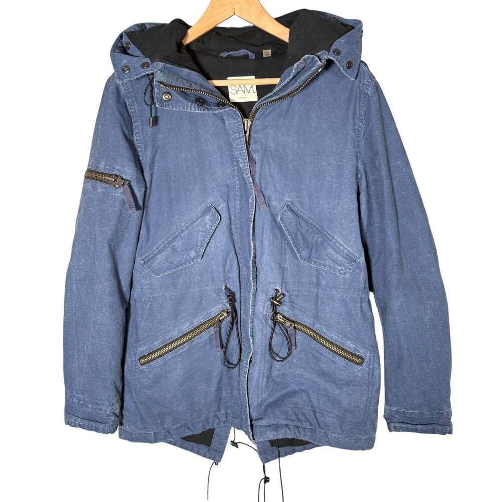 SAM. New York Cotton Faded Denim Utility Parka Blue Hooded Fall M